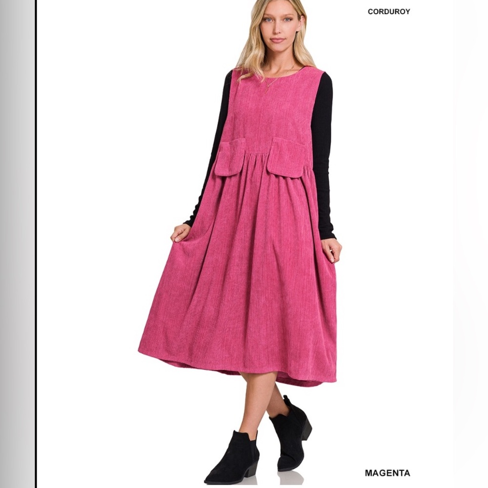 Zenana Outfitters Magenta Corduroy Pinafore Dress
